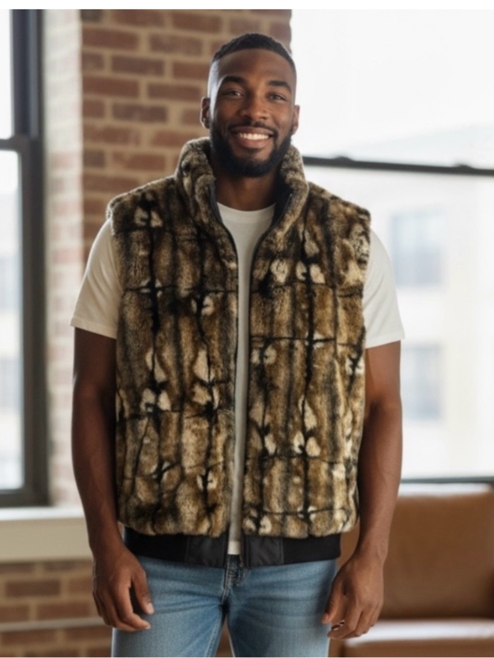 Sean John Brown Patterned Faux Fur Vest with Short Collar